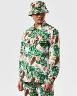 Weekend Offender White Lotus Over-Shirt White Lotus Print -Weekend Offender OSSS2420 WHITE LOTUS OVERSHIRT WHITE LOTUS 4120 MODEL
