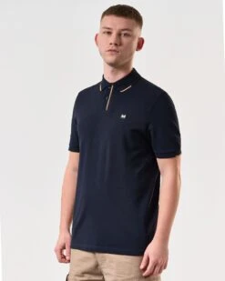 Weekend Offender Rivas Polo Shirt Navy/Cognac Brown -Weekend Offender POSS2411 RIVAS NAVY 5805 MODEL